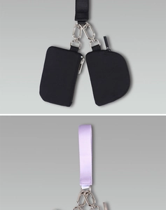 Modular nylon wristlet pouch set with black rectangular and semicircular units on lanyards