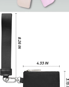 Nylon sports coin purse detail with dimensions: 4.33x3.15 inch body and 8.26 inch wrist strap