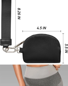 Detailed size chart of the nylon wristlet pouch with strap length and body dimensions