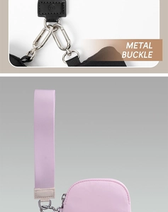 Detail of high-quality metal buckle and nylon wrist strap on a fitness coin purse