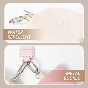 Detail view of water repellent nylon fabric and premium metal buckle on the minimalist wrist bag
