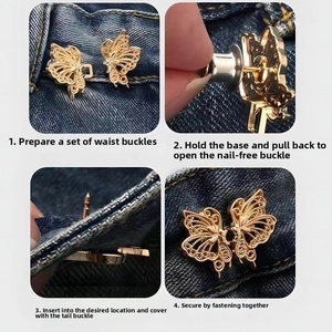 Step-by-step guide for installing gold butterfly waist adjusters on denim jeans