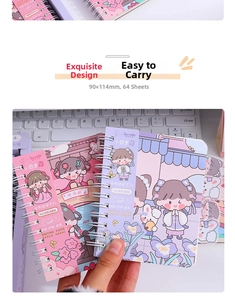Detailed view of cute cartoon spiral notebook with PVC bookmark and vintage illustration