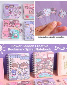 Detail of transparent PVC bookmarks with cute cartoon illustrations for spiral notebooks