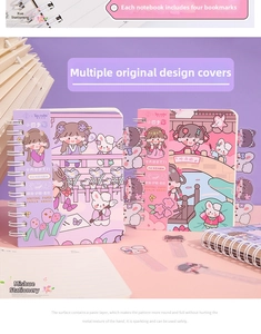 Close-up of spiral notebook with PVC bookmark and cute illustration on eye-care paper