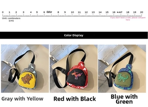 Detailed view of kids' dinosaur chest bags in grey, red, and blue canvas with zippers
