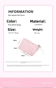 Detailed product specifications for the sequin pearl mini coin purse and storage bag