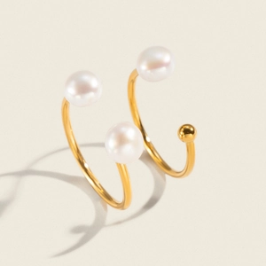 Minimalistischer Künstliche Perlen Offener Ring Edelstahl 18K Vergoldet Verstellbarer Geometrischer Schmuck Damen Wasserdicht