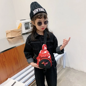 Toddler cartoon dinosaur chest bag in red canvas with adjustable black strap for kids