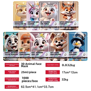 Matrix display of nine MOIKA 3D animal cartoon sheet masks including panda and tiger