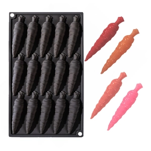 Macro detail of a 15-cavity carrot silicone mold for jelly, chocolate and baking crafts