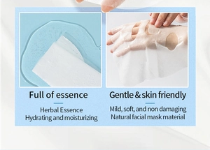 Macro shot showing thin herbal essence facial mask texture and moisturizing liquid on hand