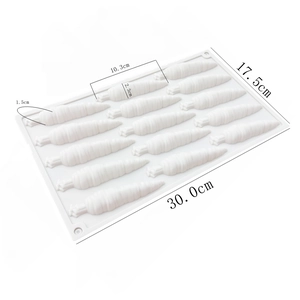 Detailed dimensions of a 15-cavity carrot silicone mold for cake and jelly baking