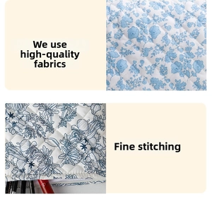 Detail of premium quilted floral cotton fabric with precise stitching on cosmetic bags