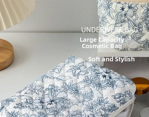 Detailed macro view of white quilted floral cotton makeup bag with blue botanical pattern