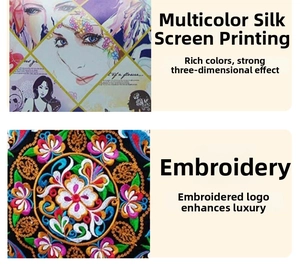 Close-up of colorful silk-screen portrait and heavy floral embroidery on quilted bag