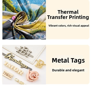 Detail of thermal transfer printed fabric and premium metal logo badges on the makeup bag
