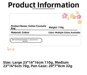 Detailed size chart for cotton floral cosmetic bags in large, medium and pen case sizes