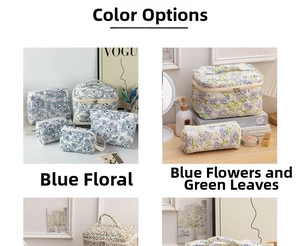 Detailed grid view of floral quilted cotton makeup bags in blue and green floral patterns