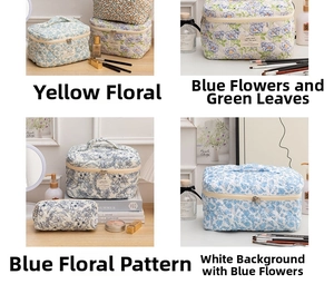 Detailed comparison of four floral quilted cotton makeup bags with top handles and zippers