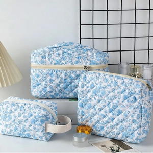 Three-piece set of quilted cotton floral cosmetic bags with blue flower patterns