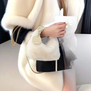 Women Plush Faux Fur Handbag Knotted Handle Chain Decor Winter Fashion Crossbody Hobo Bag