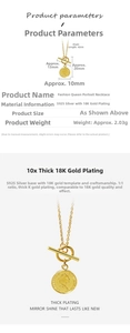 Detail view of 925 silver 18K gold plated coin pendant with OT clasp and queen portrait
