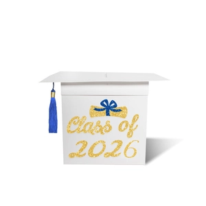 Class of 2026 white graduation card box with gold glitter text and a blue tassel
