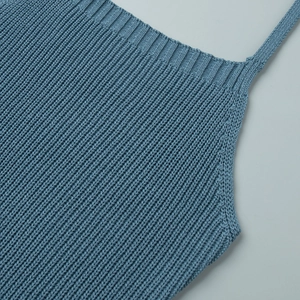 Close-up of blue knit strap dress showing detailed ribbed texture and stitching