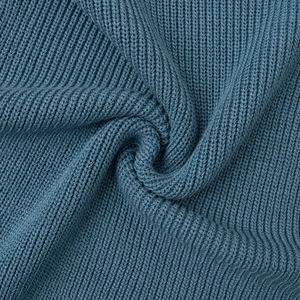Macro shot of dark blue rib knit fabric showing detailed texture and ribbed weave structure