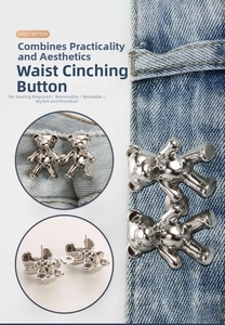 Detailed view of silver bear waist buttons showing front and back buckle structure