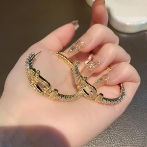 Détail macro de boucles d'oreilles fer à cheval dorées avec pavé de zircons brillants