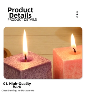Close-up of clean burning wick on square scented candle with steady flame and no smoke
