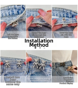Step-by-step guide for installing bear-shaped waist tightener buttons on denim pants