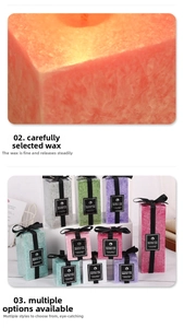 Detailed texture of square ice pillar aromatherapy candle with marble pattern and ribbon
