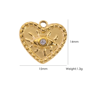 Detailed view of golden heart pendant with evil eye motif measuring 15mm by 14mm