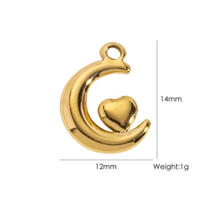 Golden crescent moon and heart pendant for DIY jewelry, measuring 14mm by 12mm