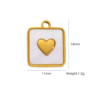 Detailed view of square heart pendant with shell inlay and dimensions 14mm by 11mm