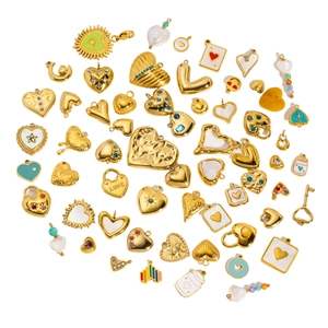 Various titanium steel heart charms with gold plating and colorful enamel inlay