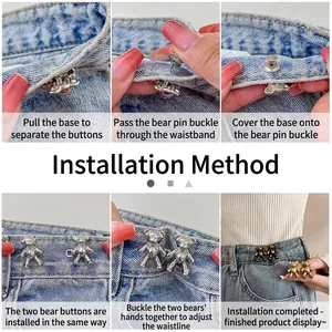 Cute bear-shaped waist tightener buttons for jeans with installation step guide