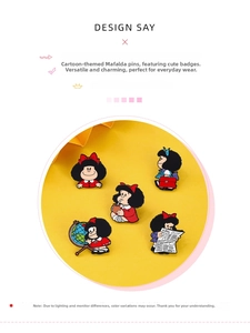 Lot de cinq pin's en émail Mafalda colorés avec diverses poses et personnages de dessins animés