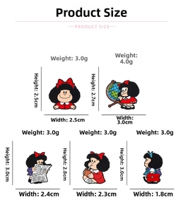 Tableau de tailles détaillé pour cinq broches Mafalda en émail avec dimensions et poids