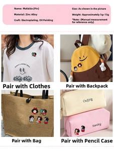 Pin's Mafalda classique en émail présenté sur des sacs et des vêtements