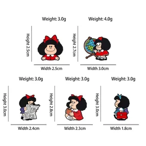 Lot de 5 pin's en émail Mafalda présentant diverses poses de BD en rouge et bleu