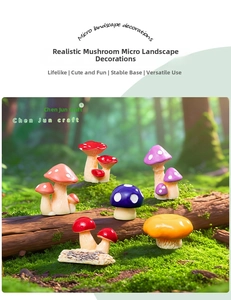 Macro detail of colorful resin mushroom figurines on mossy wood for micro landscapes