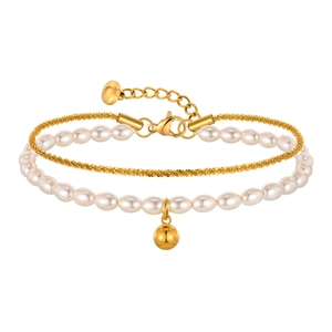 Double-layer stainless steel bracelet with white pearls and a golden sphere pendant charm