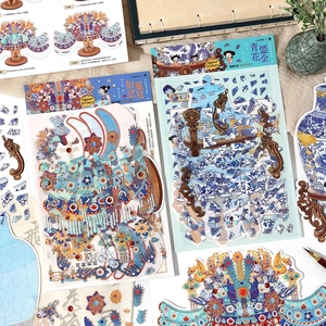 DIY antique restoration puzzle stickers featuring phoenix crown and blue lacquer patterns
