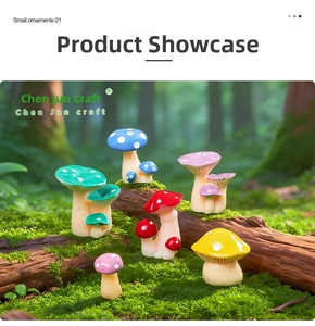 Miniature resin mushroom figurines in various vibrant colors set on natural mossy wood