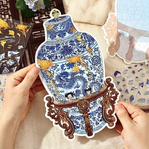 Large vintage blue and white porcelain vase sticker with dragon pattern for DIY journaling