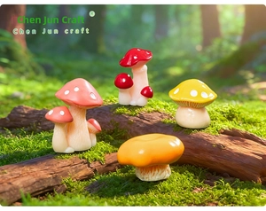 Close-up of colorful resin miniature mushrooms with realistic gill textures on mossy wood
